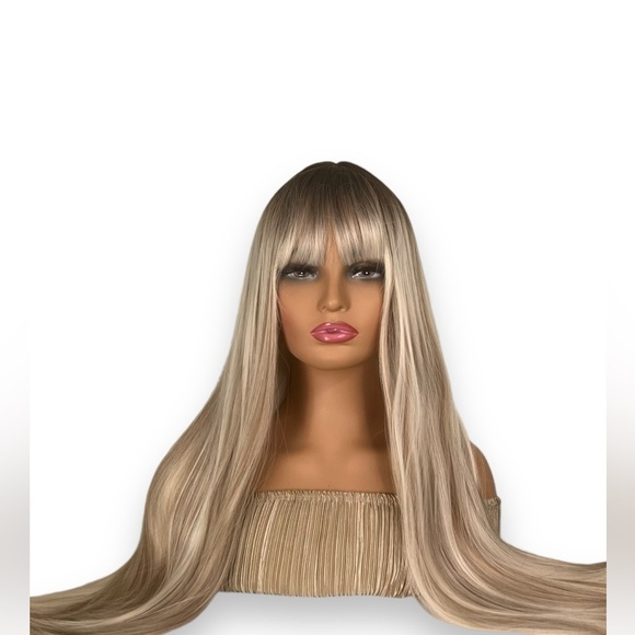 30 Inch Ombre brown to Light Blonde with highlights Long wig with bangs - Picture 3 of 12